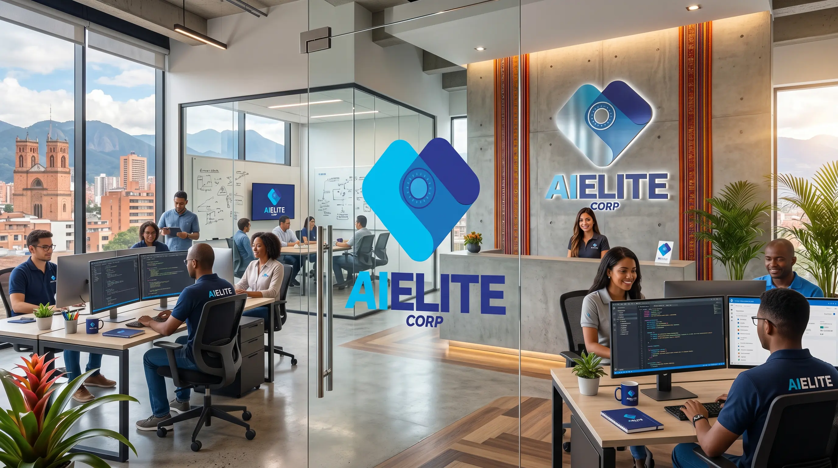 Oficina de AI Elite Corp con el equipo trabajando