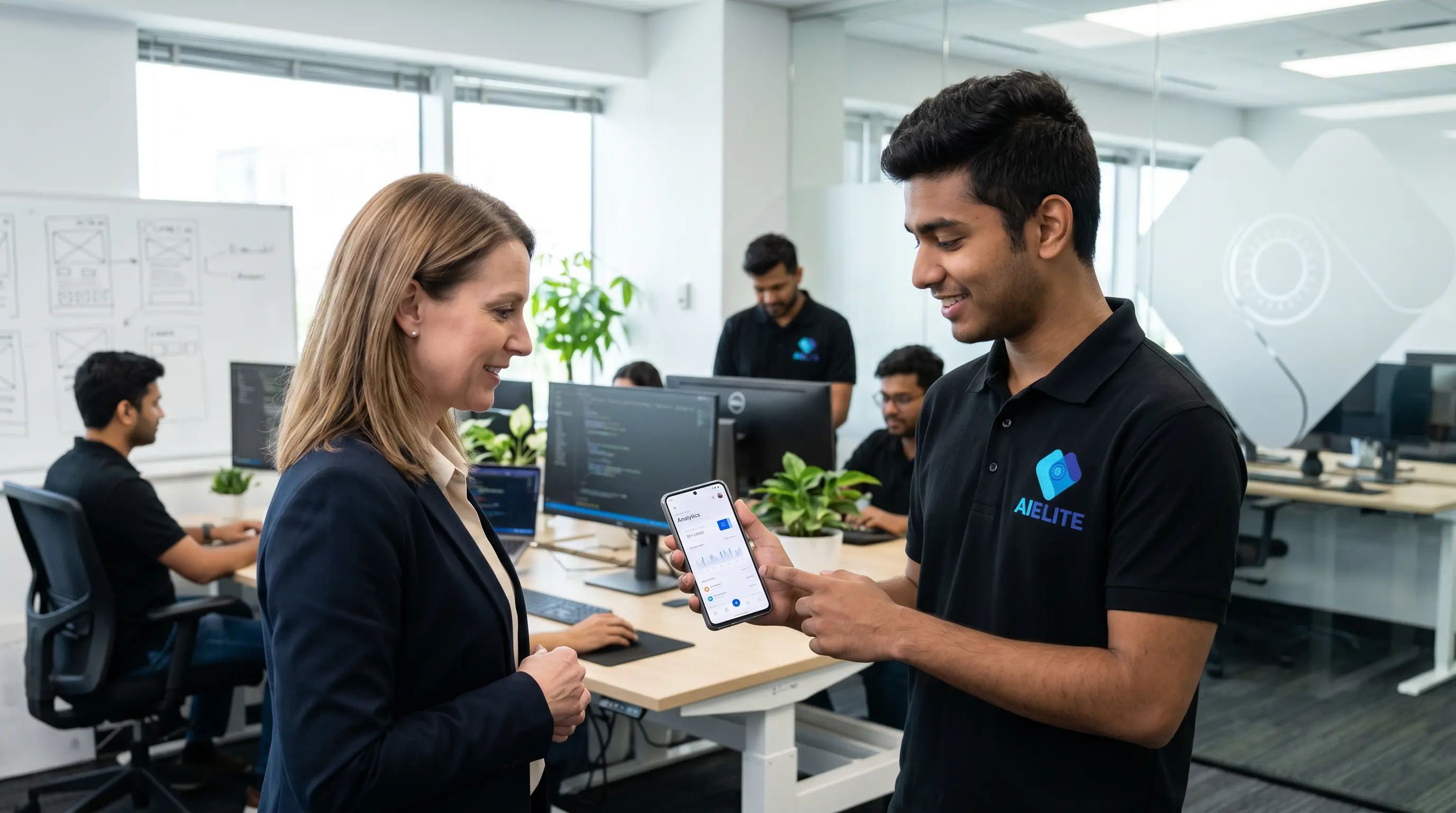 Equipo de AI Elite Corp trabajando en la oficina